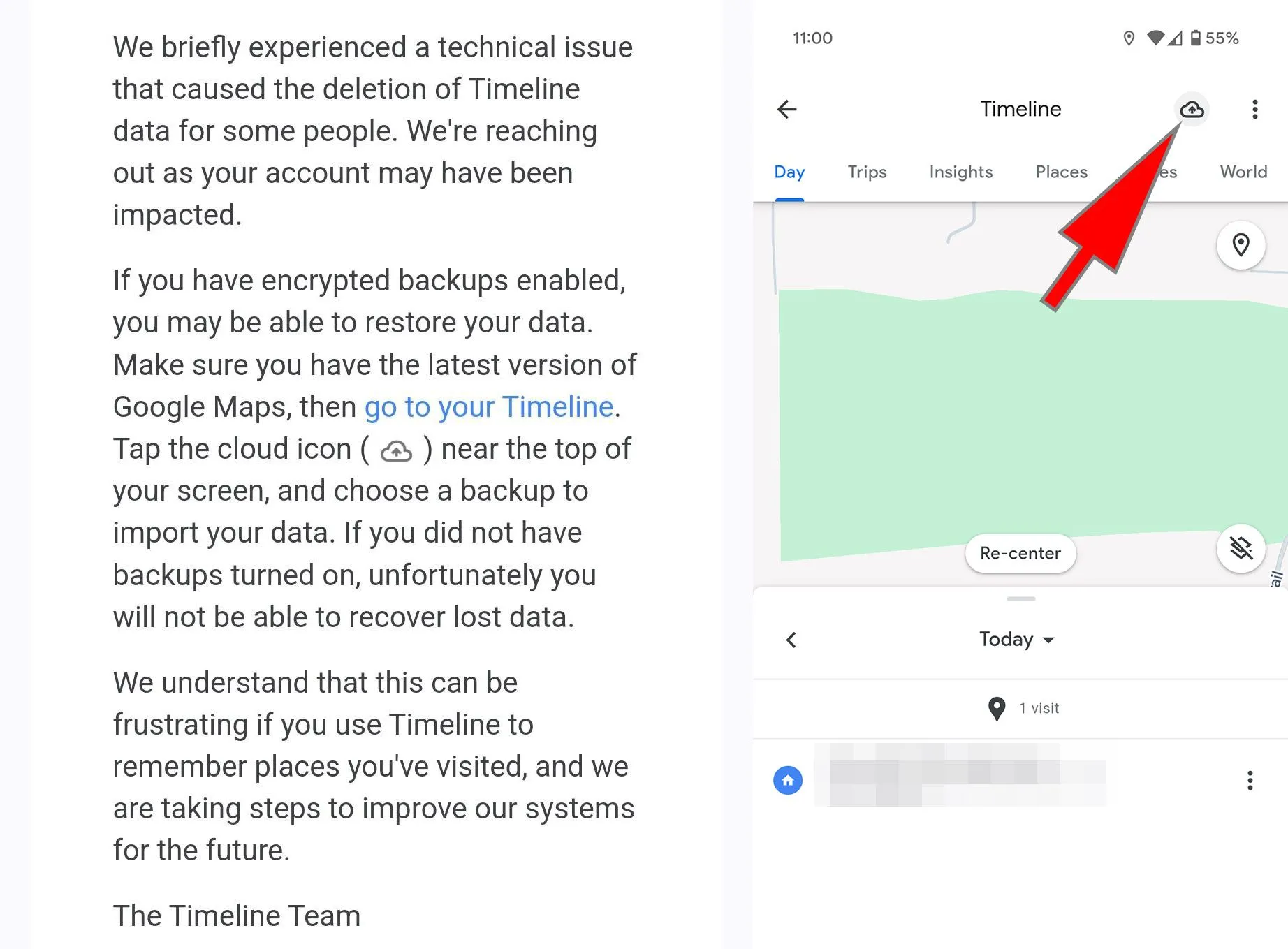 Giao diện hướng dẫn khôi phục dữ liệu Lịch sử dòng thời gian (Timeline) trên Google Maps