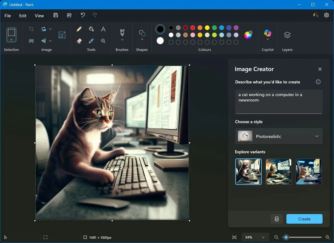 Giao diện Image Creator trong Microsoft Paint giúp tạo hình ảnh AI từ mô tả văn bản