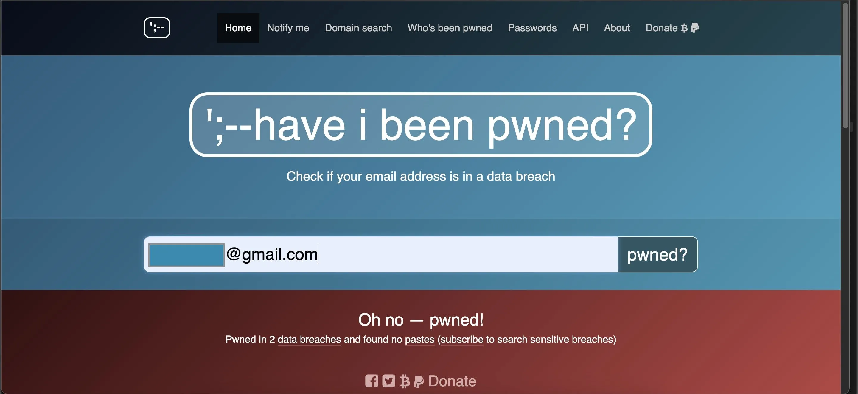 Giao diện kết quả từ trang Have I Been Pwned, cảnh báo về dữ liệu cá nhân bị rò rỉ trong các vụ tấn công mạng