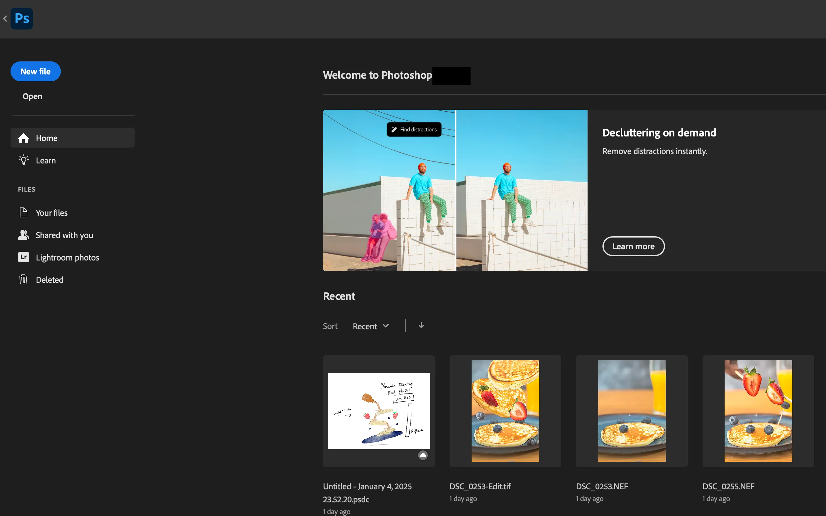 Giao diện khởi động của Photoshop với các tùy chọn chỉnh sửa ảnh chuyên nghiệp