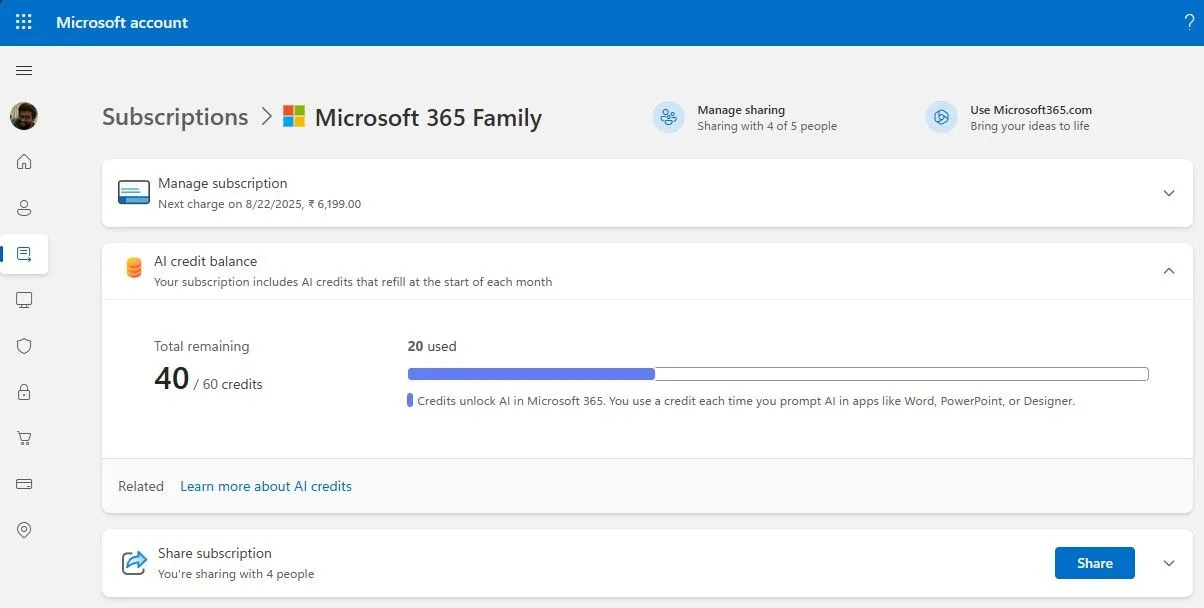 Giao diện kiểm tra số dư AI Credits cho tài khoản Microsoft 365 của bạn