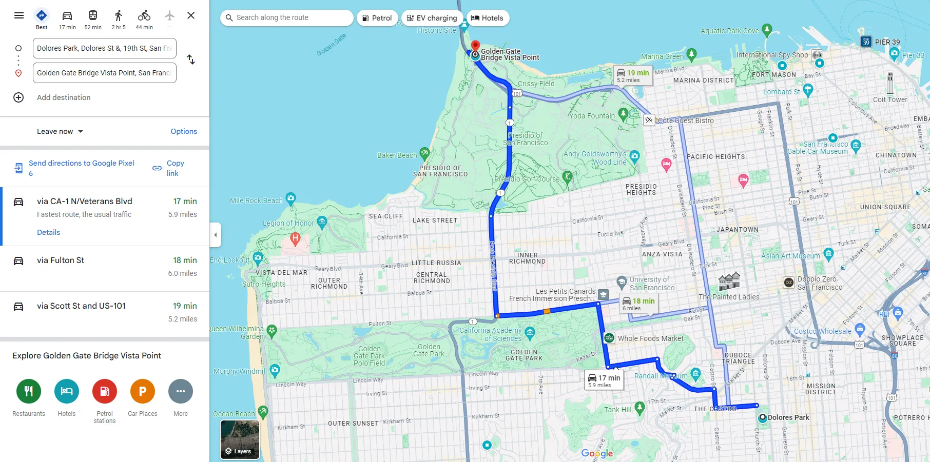 Giao diện lập kế hoạch lộ trình từ điểm A đến B trên Google Maps