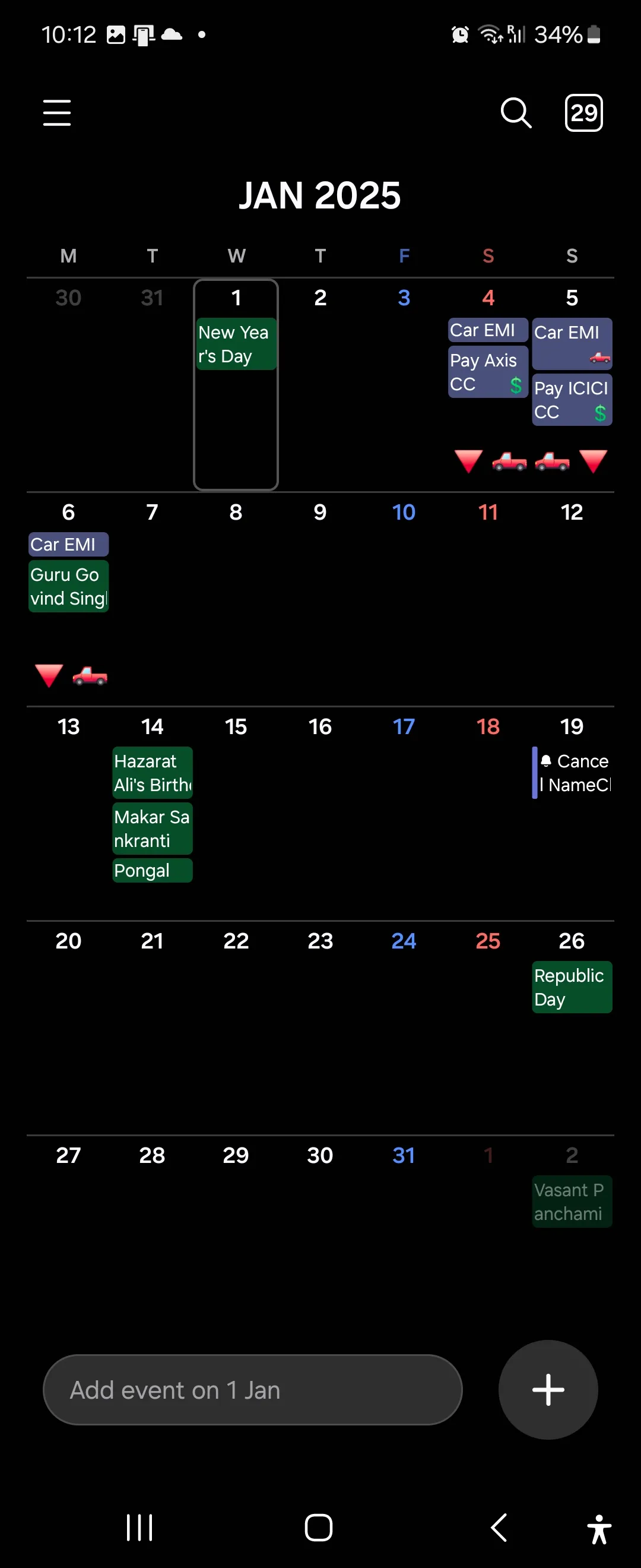 Giao diện Lịch Samsung Calendar trên điện thoại Galaxy Z Flip 6 với các sự kiện hiển thị rõ ràng, minh họa tính năng xem chi tiết và quản lý lịch trình hiệu quả.