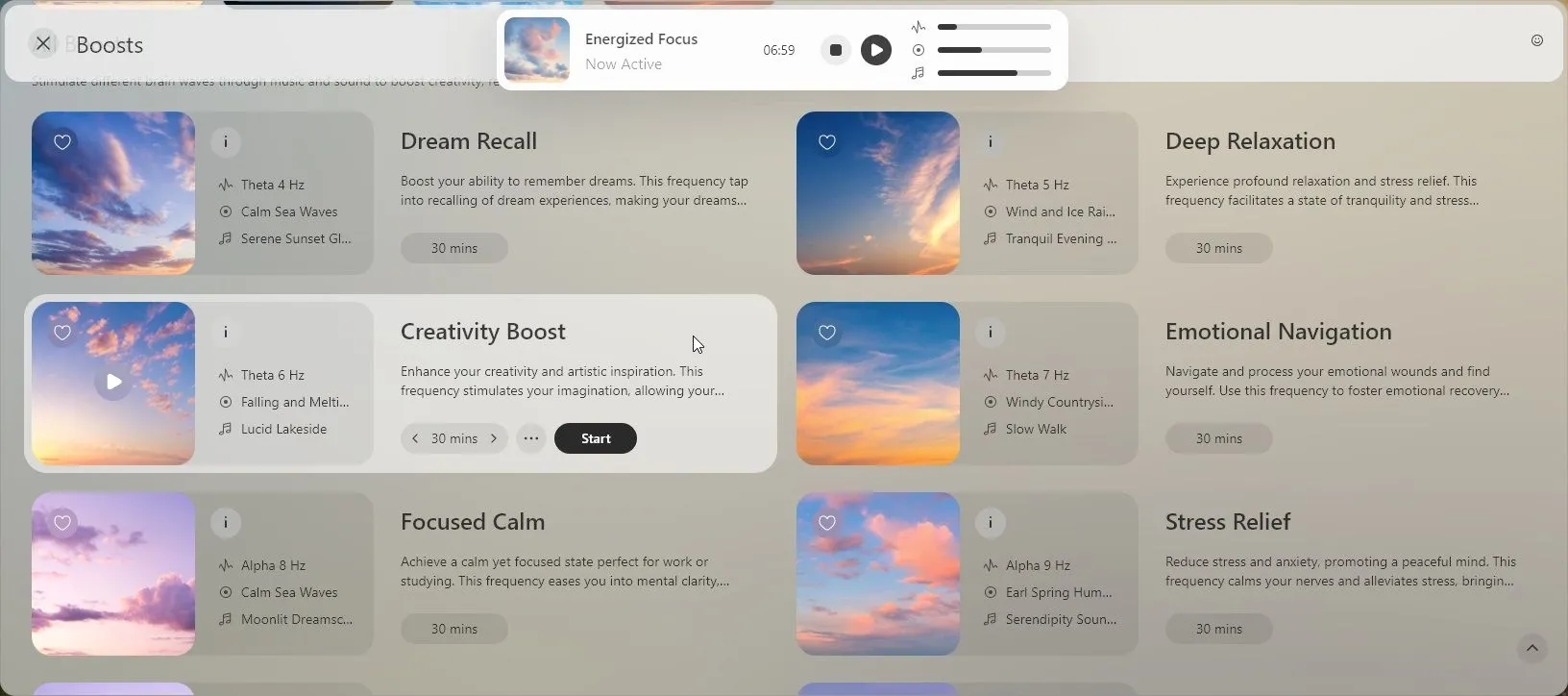 Giao diện lựa chọn các chế độ âm thanh binaural Boosts trong trình duyệt Opera Air để tăng cường tập trung hoặc thư giãn.