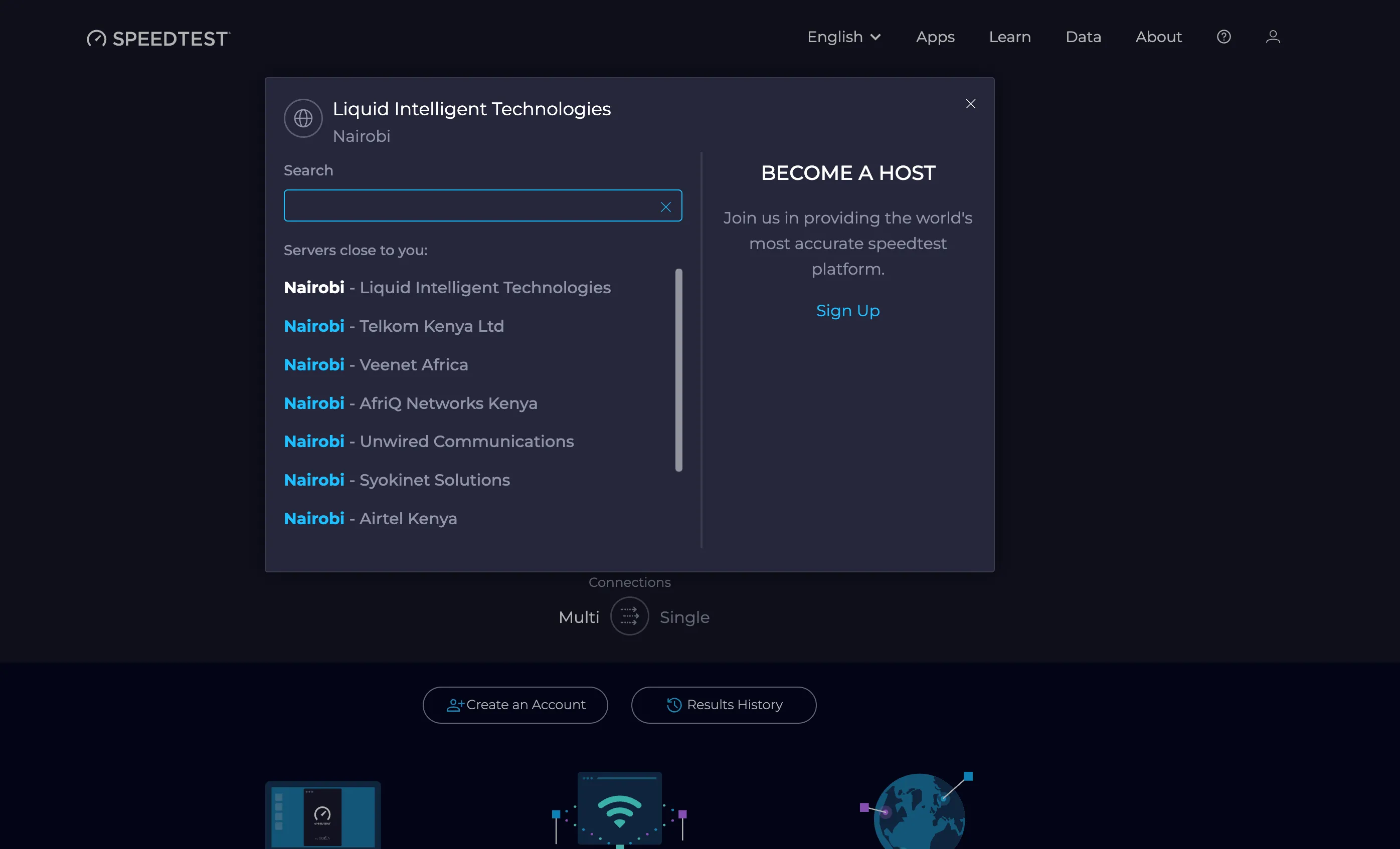 Giao diện lựa chọn máy chủ kiểm tra tốc độ trên Ookla Speedtest, minh họa tầm quan trọng của việc chọn server gần nhất để có kết quả đo băng thông chính xác.