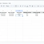 Giao diện mẫu bảng theo dõi đăng ký dịch vụ nâng cao trên Google Sheets với các cột chi phí và ngày đến hạn