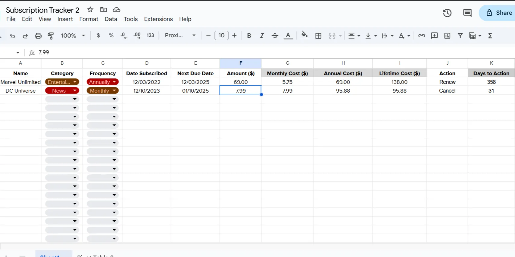 Giao diện mẫu bảng theo dõi đăng ký dịch vụ nâng cao trên Google Sheets với các cột chi phí và ngày đến hạn