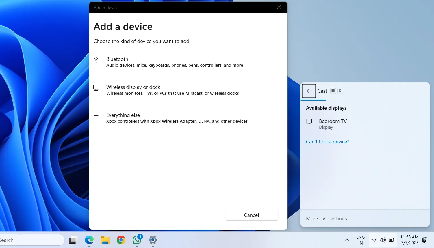 Giao diện menu Cast trên máy tính Windows 11 để kết nối không dây với Smart TV