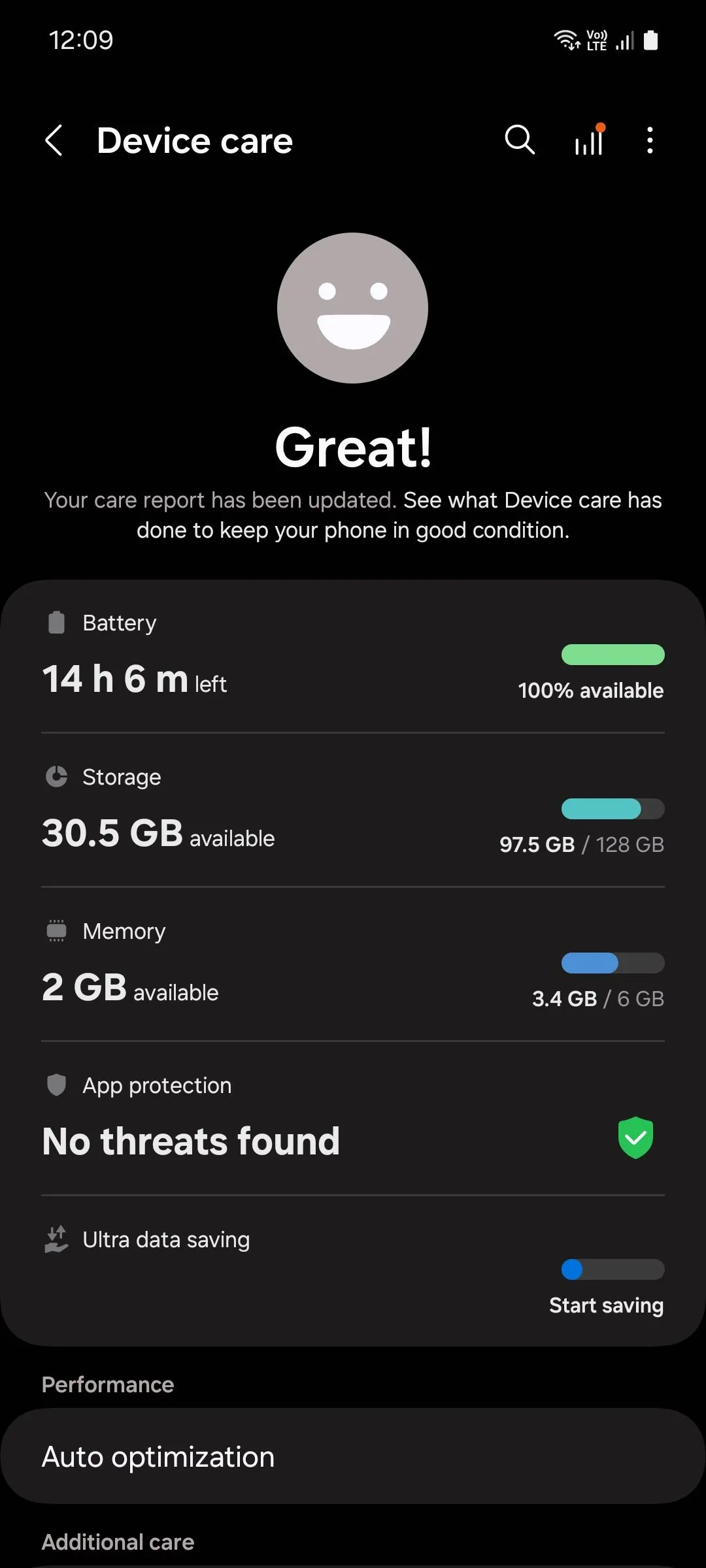 Giao diện menu Chăm sóc thiết bị trên điện thoại Samsung, hiển thị tùy chọn Bộ nhớ để giải phóng RAM