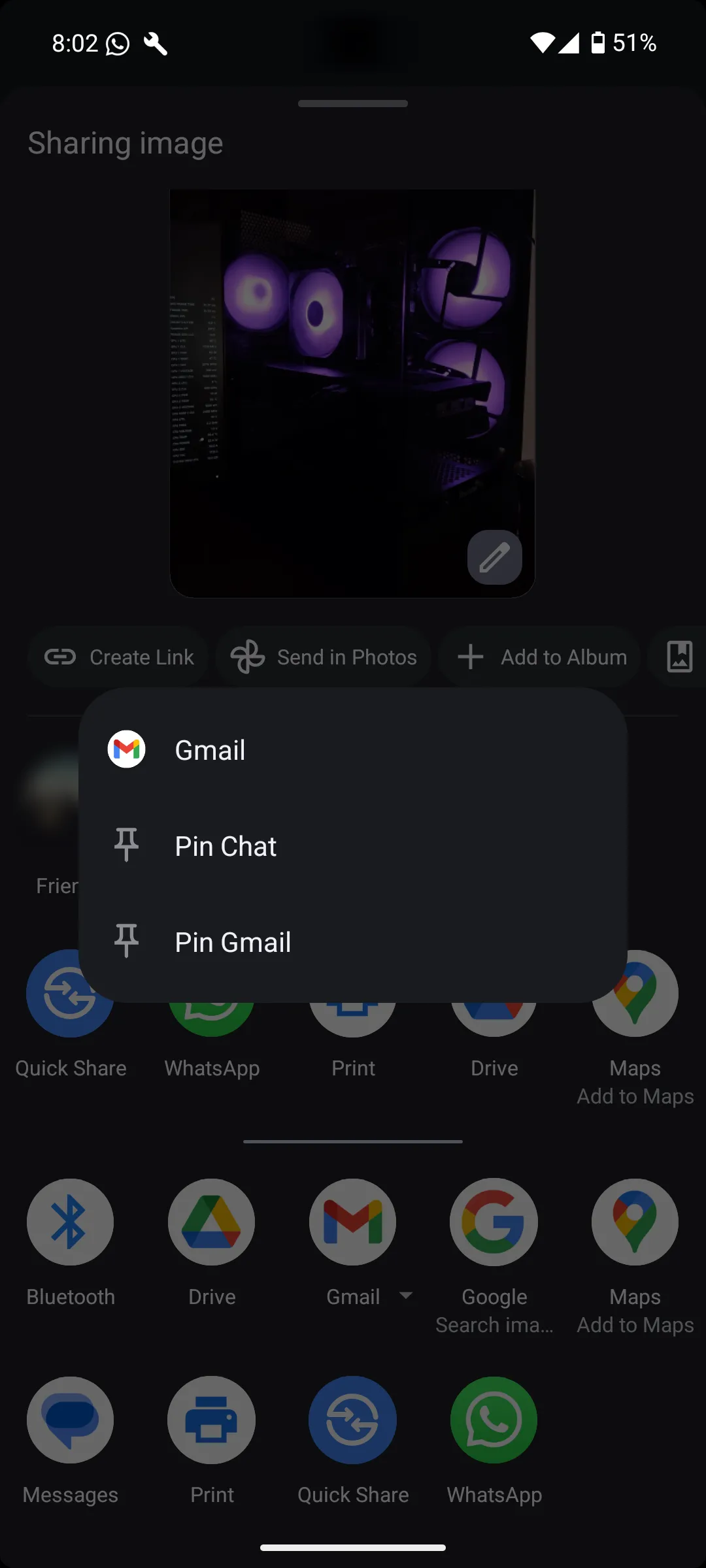 Giao diện menu chia sẻ Android với tùy chọn ghim ứng dụng