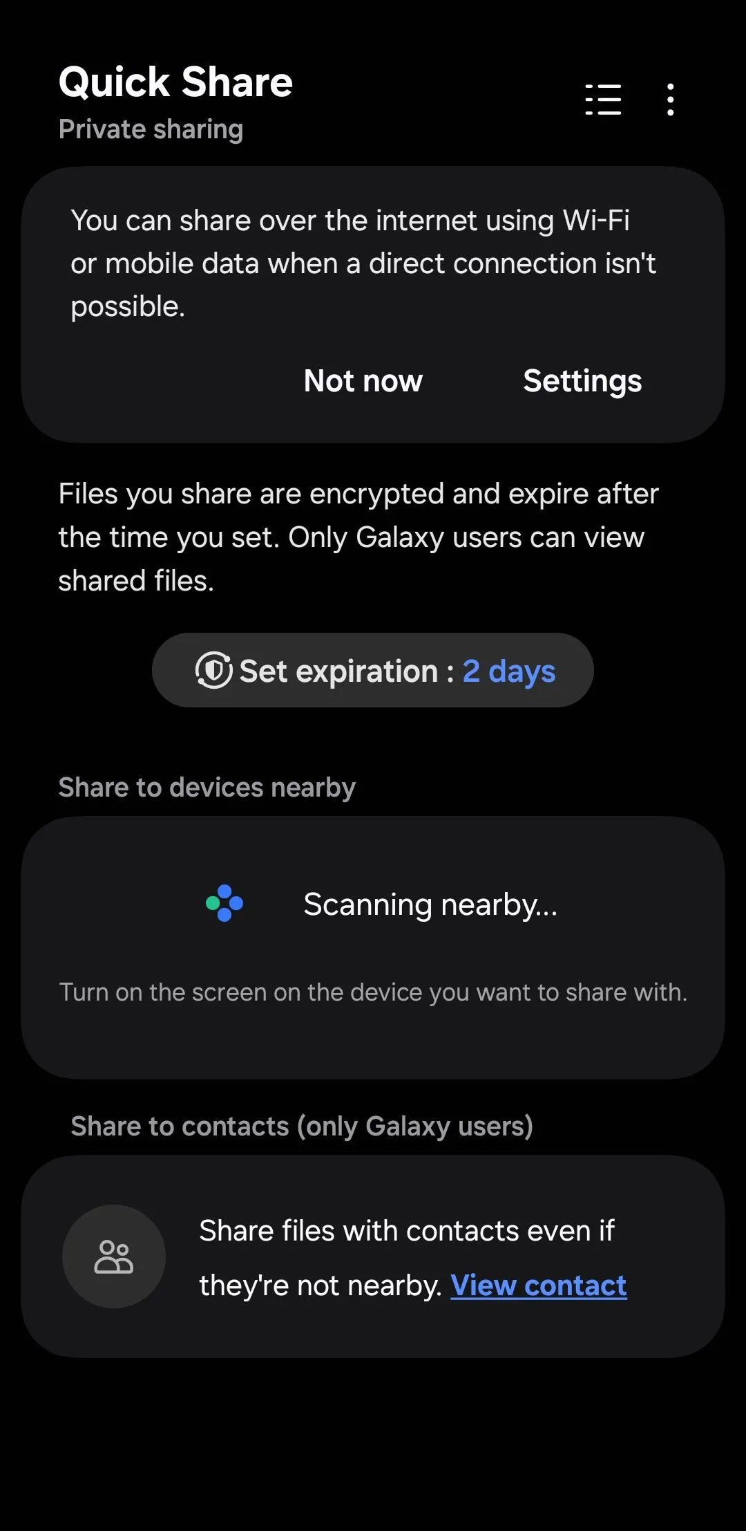 Giao diện menu chia sẻ riêng tư Private Share của Samsung để bảo mật tệp