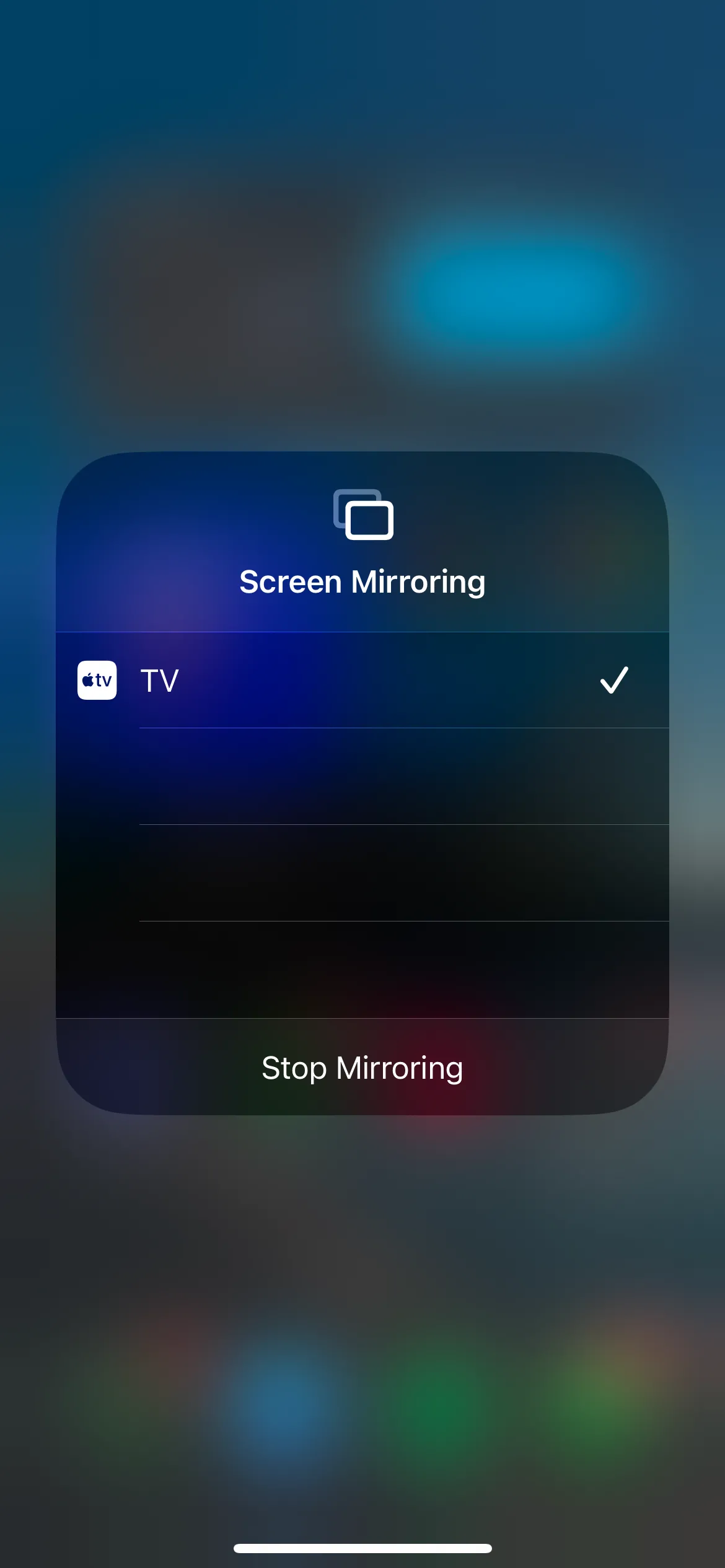 Giao diện menu Phản chiếu màn hình iOS 18 hiển thị tùy chọn phản chiếu iPhone lên Apple TV