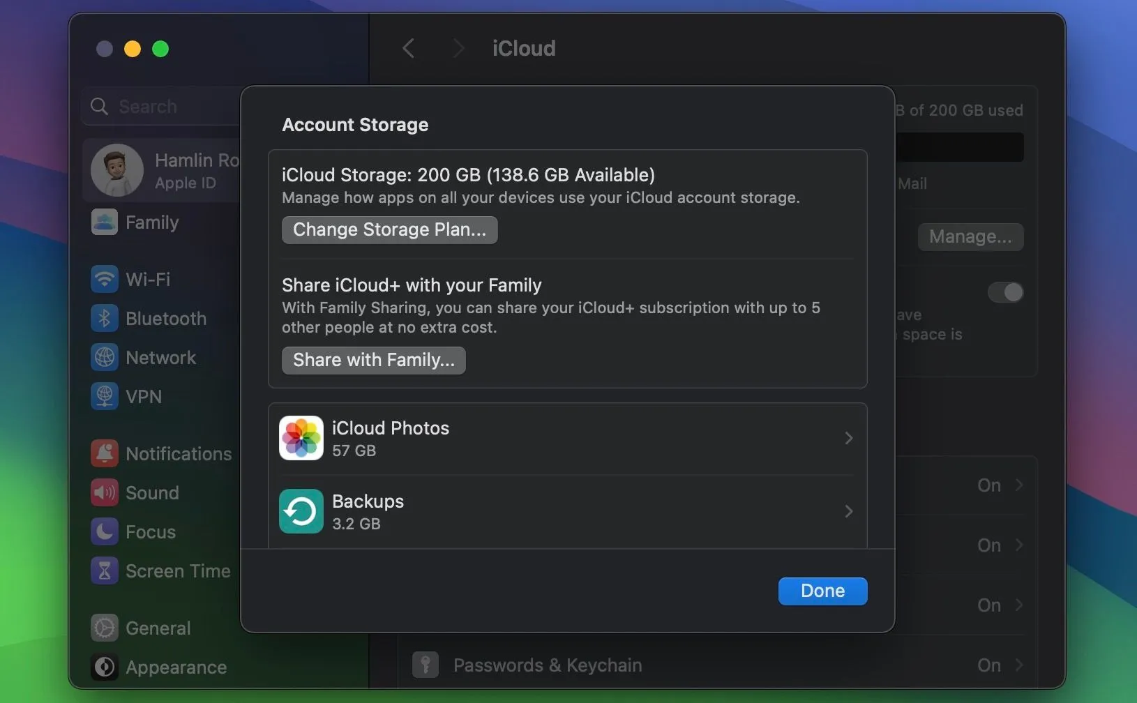 Giao diện menu quản lý dung lượng tài khoản iCloud trên macOS