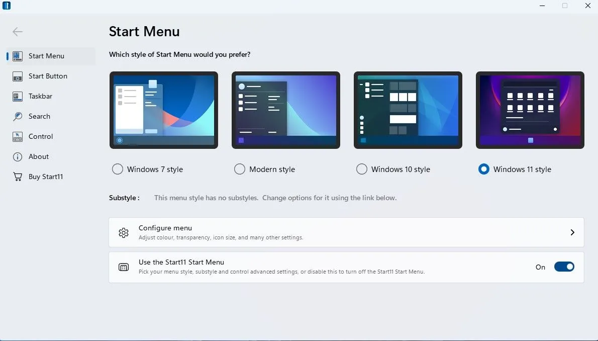 Giao diện menu Start của Start11 trên Windows 11, hiển thị các ứng dụng được sắp xếp gọn gàng