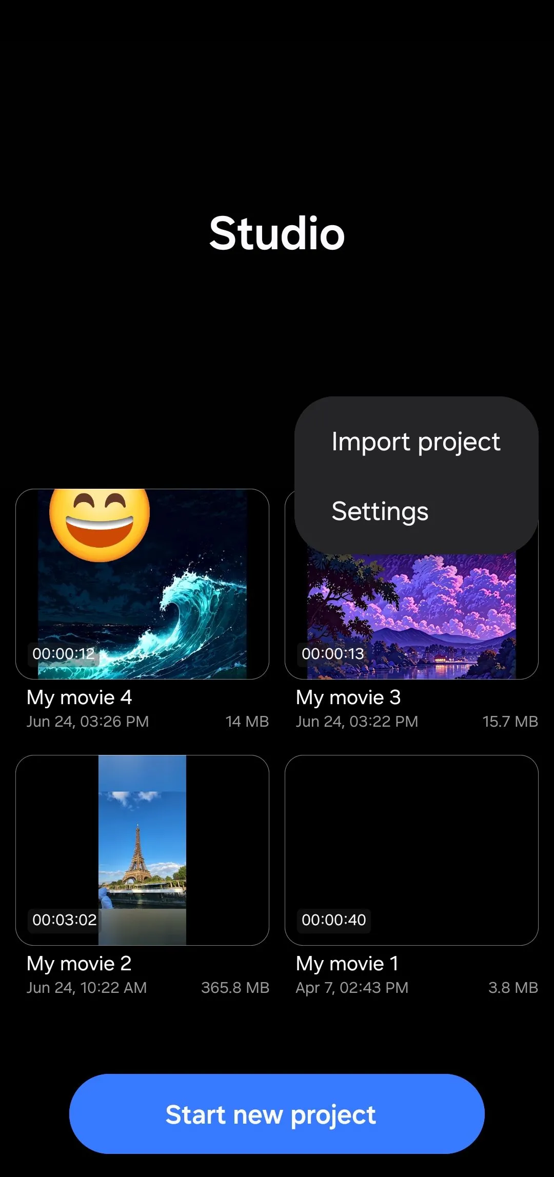 Giao diện menu trong ứng dụng Thư viện trên điện thoại Samsung Galaxy, hiển thị tùy chọn "Đi đến Studio" để mở công cụ chỉnh sửa video Samsung Studio.