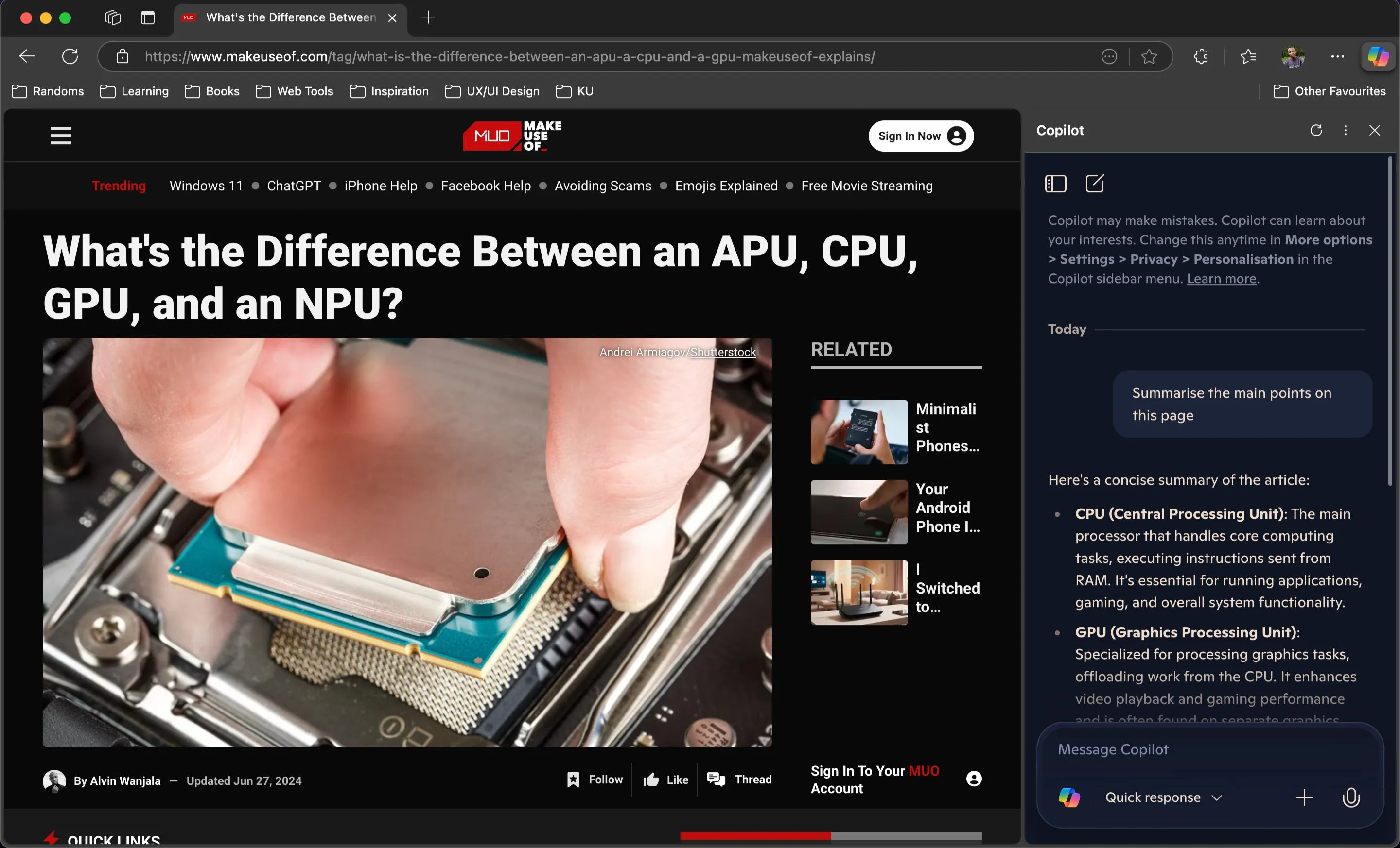 Giao diện Microsoft Edge với thanh Copilot AI đang mở bên phải, hiển thị tính năng tóm tắt nội dung trang.