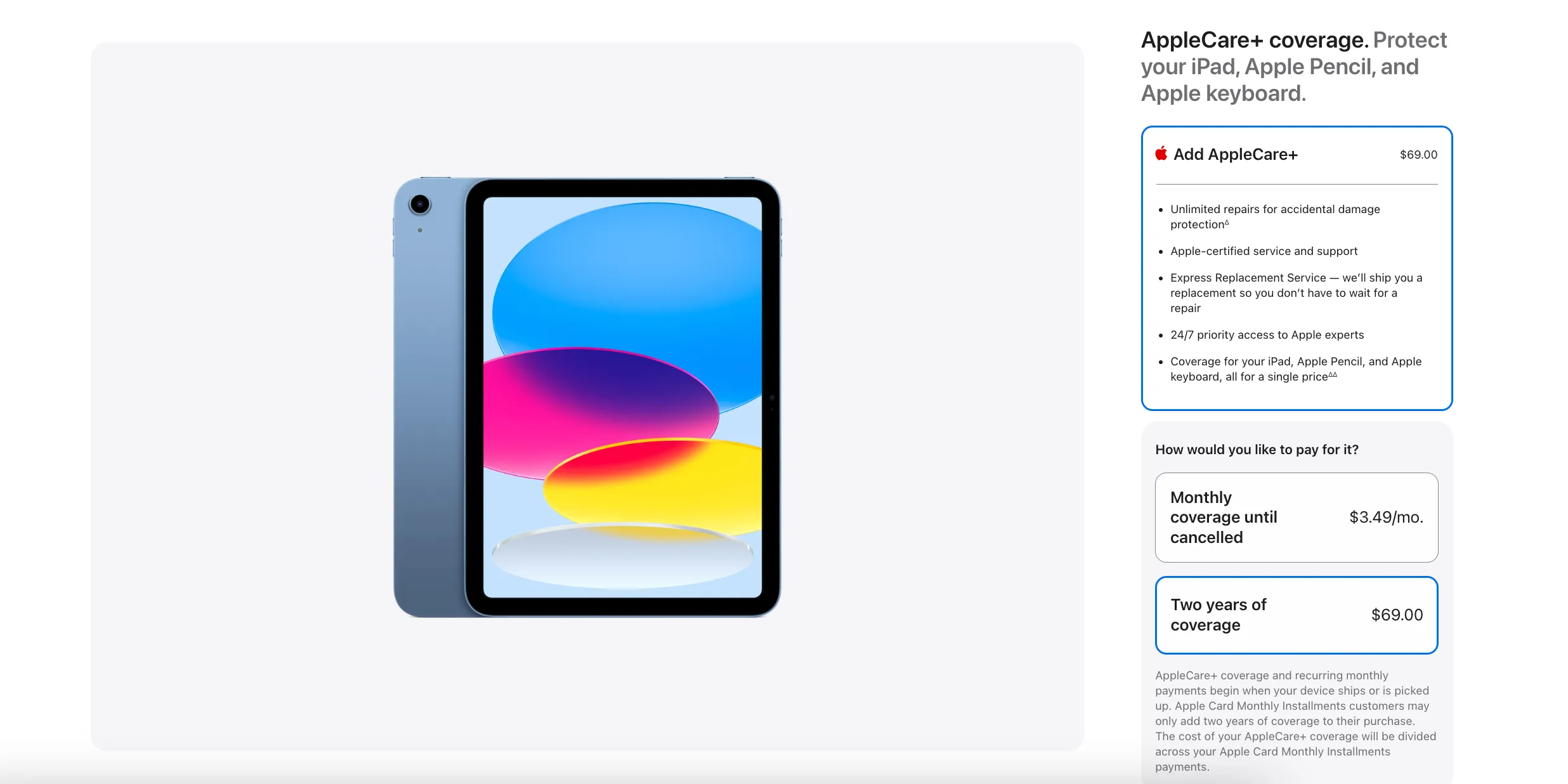 Giao diện mua iPad trên trang web Apple với các tùy chọn bảo hiểm AppleCare+ hiển thị rõ ràng cho gói trả trước và đăng ký hàng tháng.