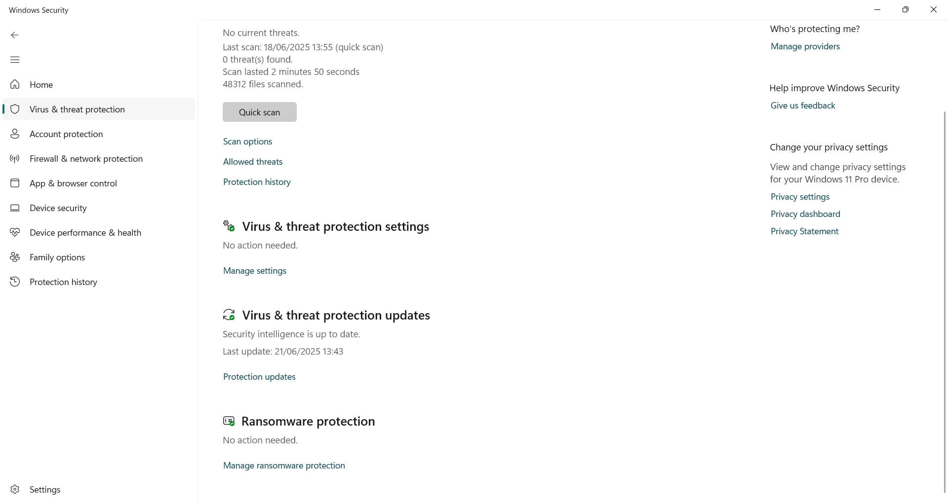 Giao diện mục Bảo vệ khỏi virus và mối đe dọa trong Windows Security