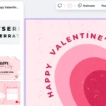 Giao diện người dùng Canva khi đang thiết kế thiệp điện tử Valentine, hiển thị các công cụ tùy chỉnh văn bản và hình ảnh.