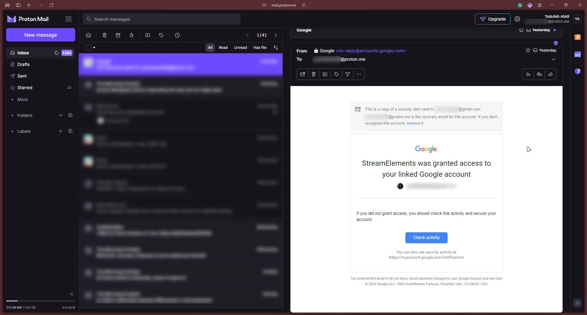 Giao diện người dùng của Proton Mail, dịch vụ email mã hóa đầu cuối giúp bảo mật thông tin cá nhân.