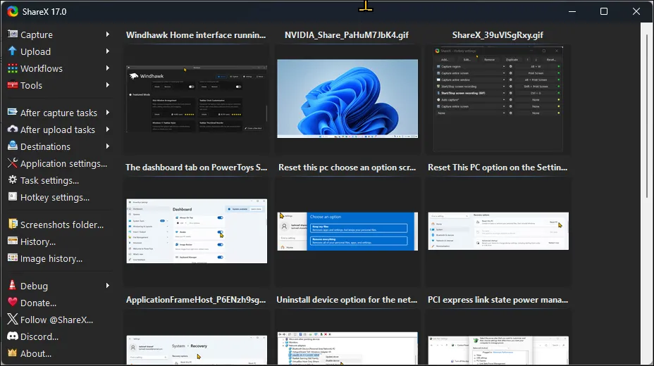 Giao diện người dùng của ShareX, công cụ chụp màn hình nâng cao cho Windows 11