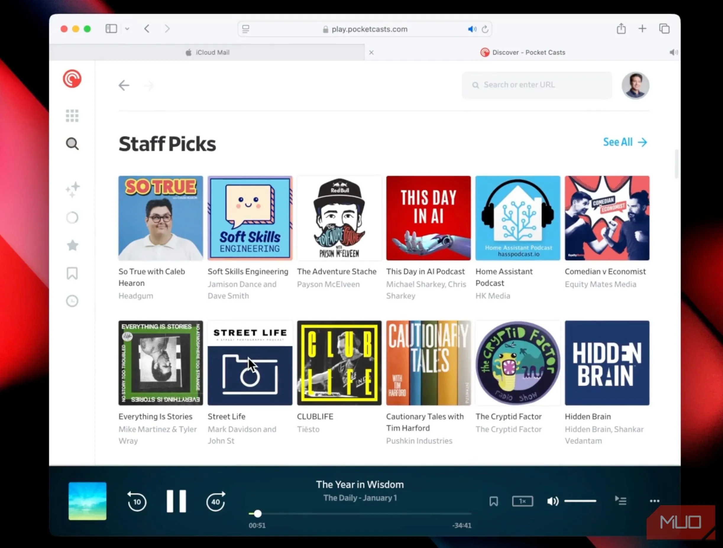 Giao diện người dùng Pocket Casts trên trình duyệt web, thể hiện khả năng nghe podcast miễn phí trên nền tảng máy tính.
