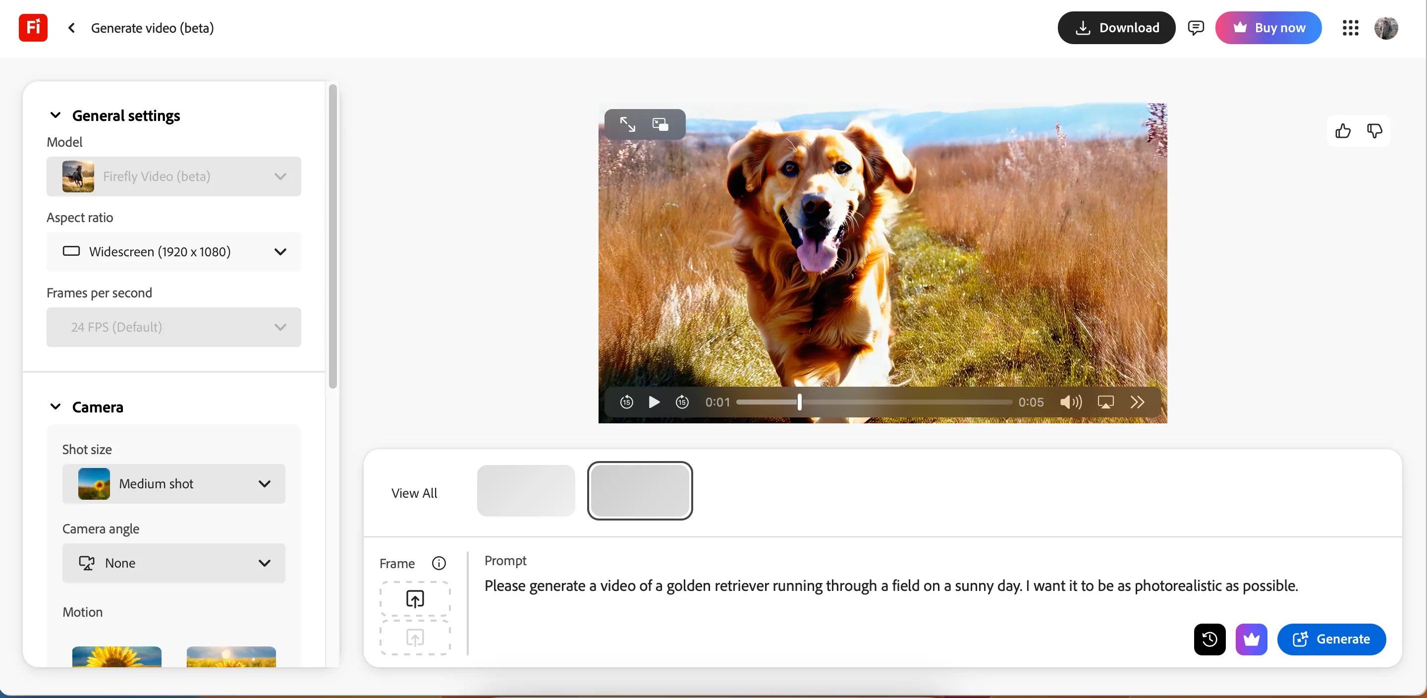 Giao diện nhập câu lệnh và tùy chỉnh nâng cao trong Adobe Firefly cho việc tạo video AI
