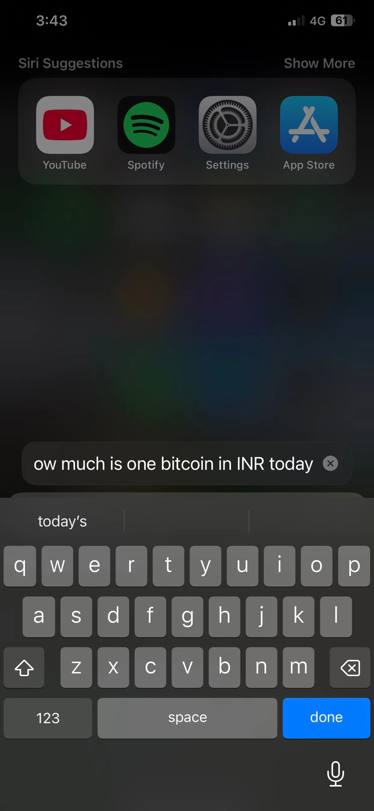 Giao diện nhập liệu khi sử dụng Type to Siri trên iPhone chạy iOS 17, cho phép gõ câu lệnh thay vì nói.