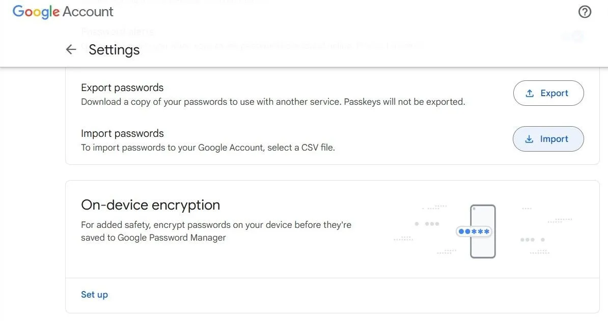 Giao diện nhập mật khẩu từ file CSV vào Trình quản lý mật khẩu của Google trên tài khoản Android