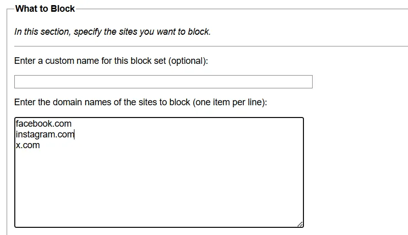 Giao diện nhập tên miền các trang web cần chặn trong phần &quot;What to Block&quot; của LeechBlock NG Chrome.