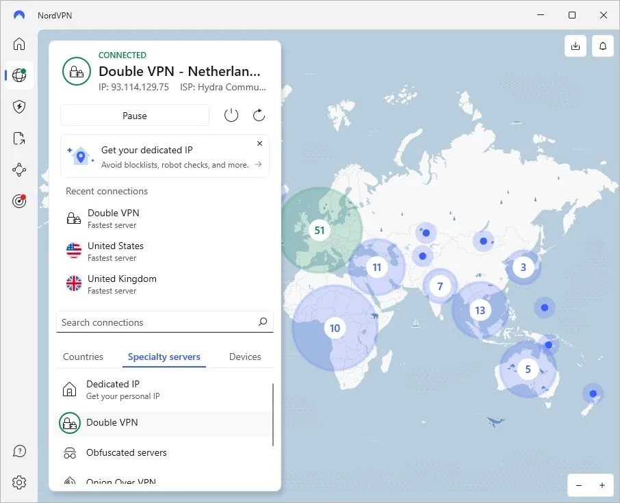 Giao diện NordVPN hiển thị tùy chọn Double VPN đã được kích hoạt, minh họa tính năng mã hóa kép tích hợp.