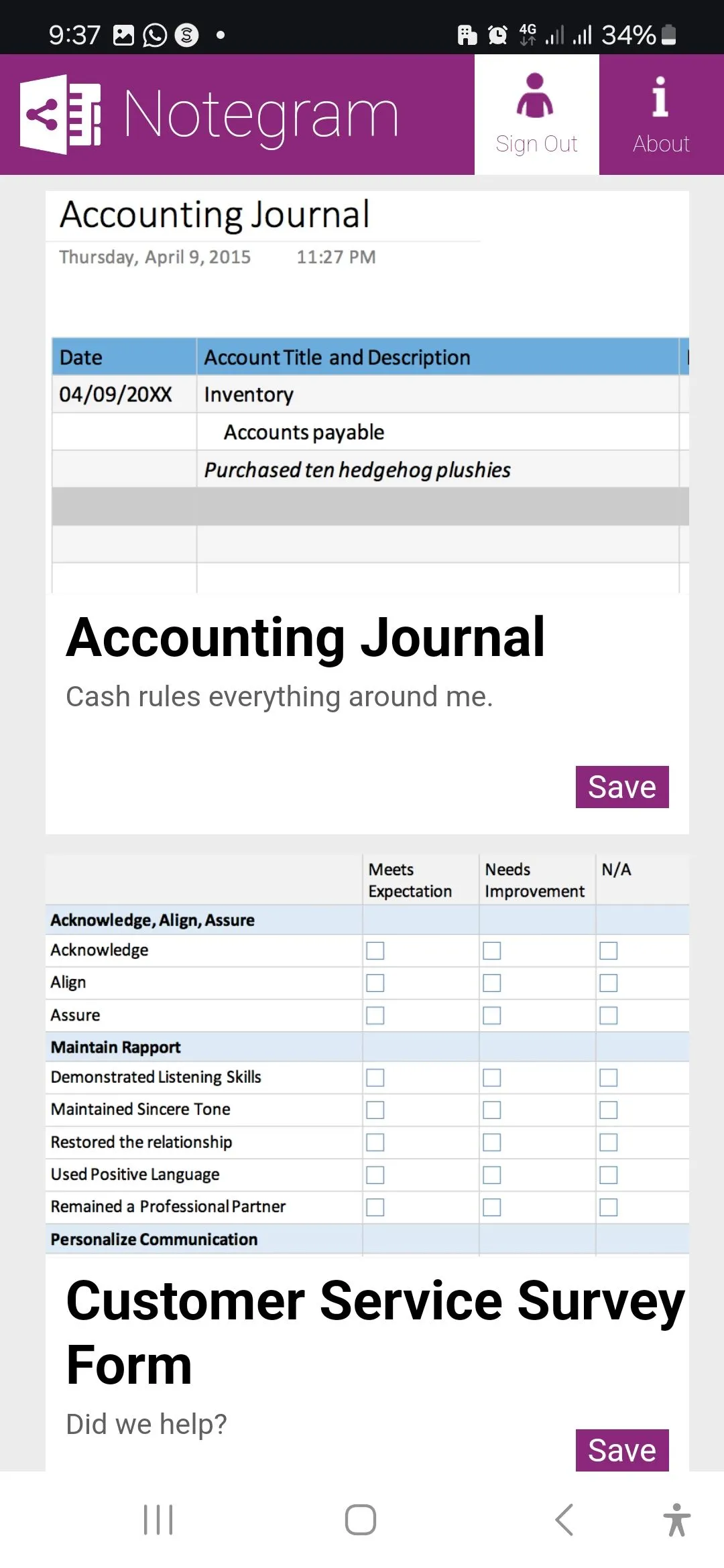 Giao diện Notegram hiển thị thư viện template OneNote miễn phí với tùy chọn "Save"