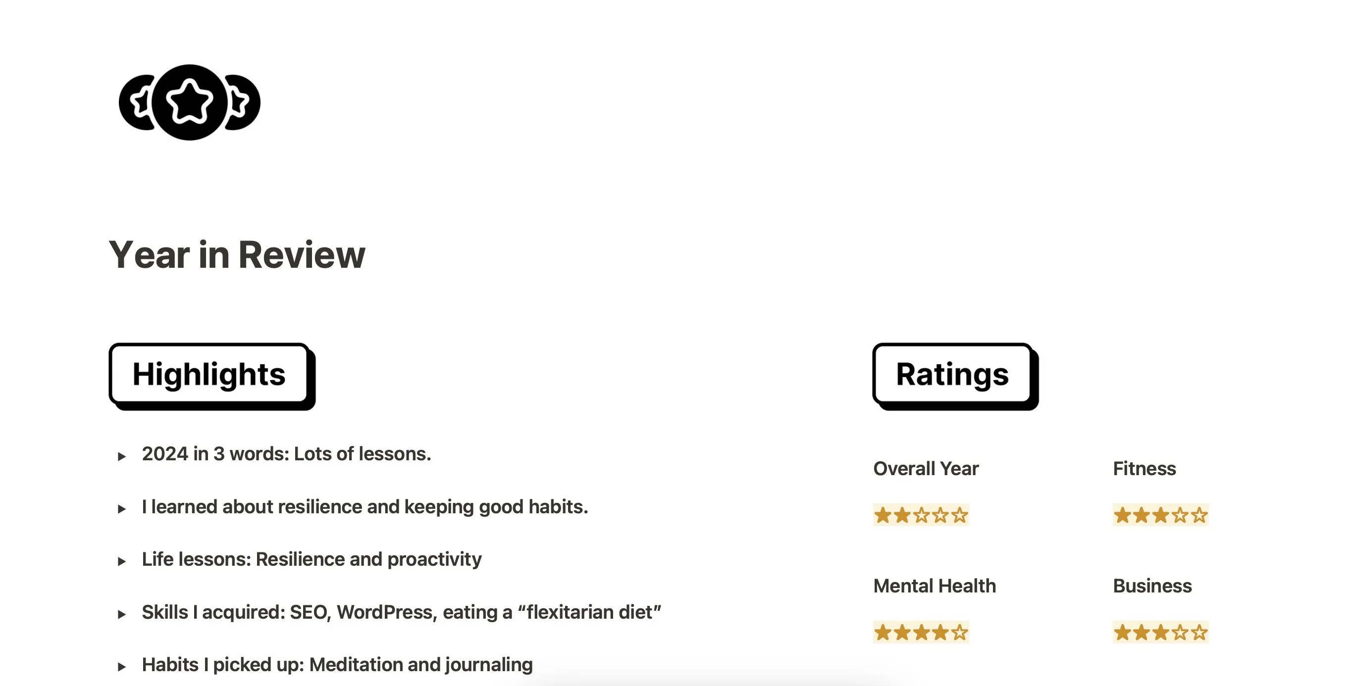 Giao diện Notion với mẫu đánh giá cuối năm (Year in Review template) của Chichi, có phần đánh giá hạng mục và highlights.