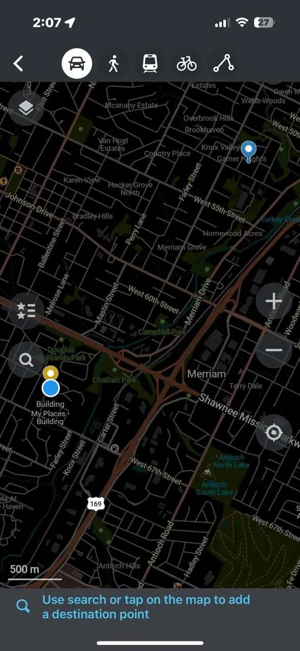 Giao diện Organic Maps đang thiết lập điểm đến cho chuyến đi