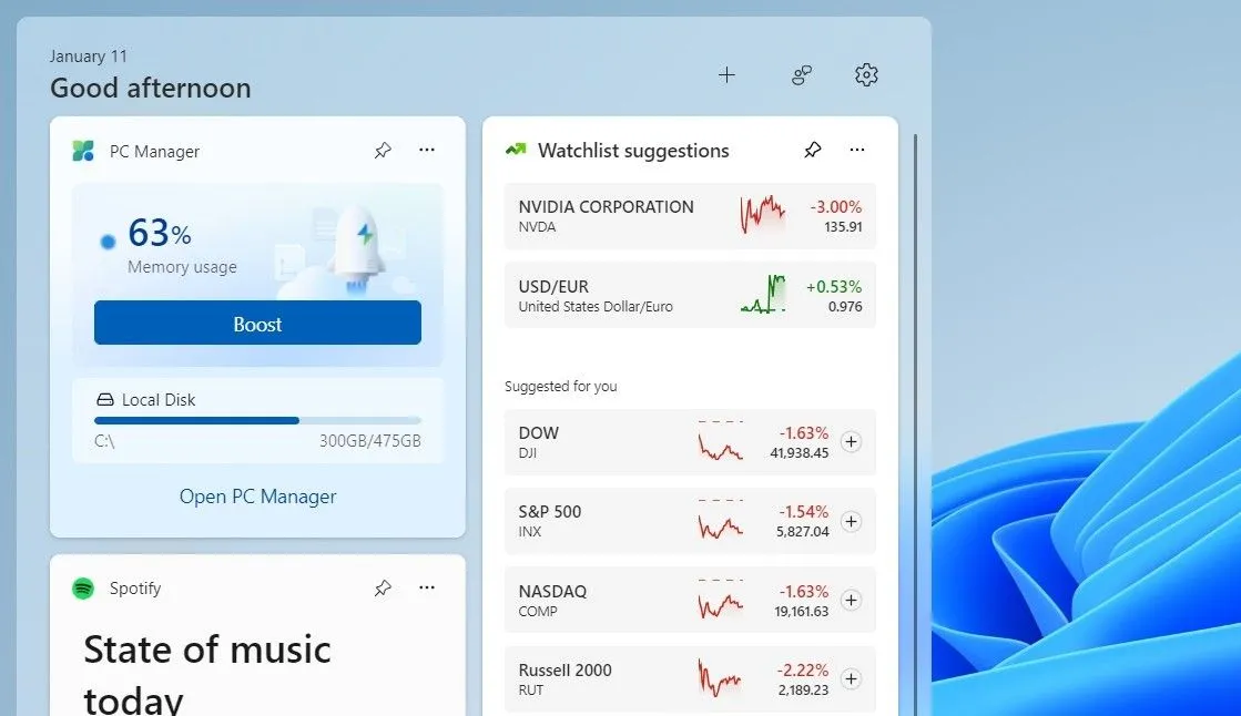 Giao diện PC Manager trong bảng widget Windows 11 hiển thị tối ưu bộ nhớ