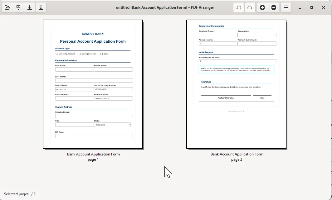 Giao diện PDF Arranger với các trang PDF hiển thị dạng thumbnail để dễ dàng sắp xếp