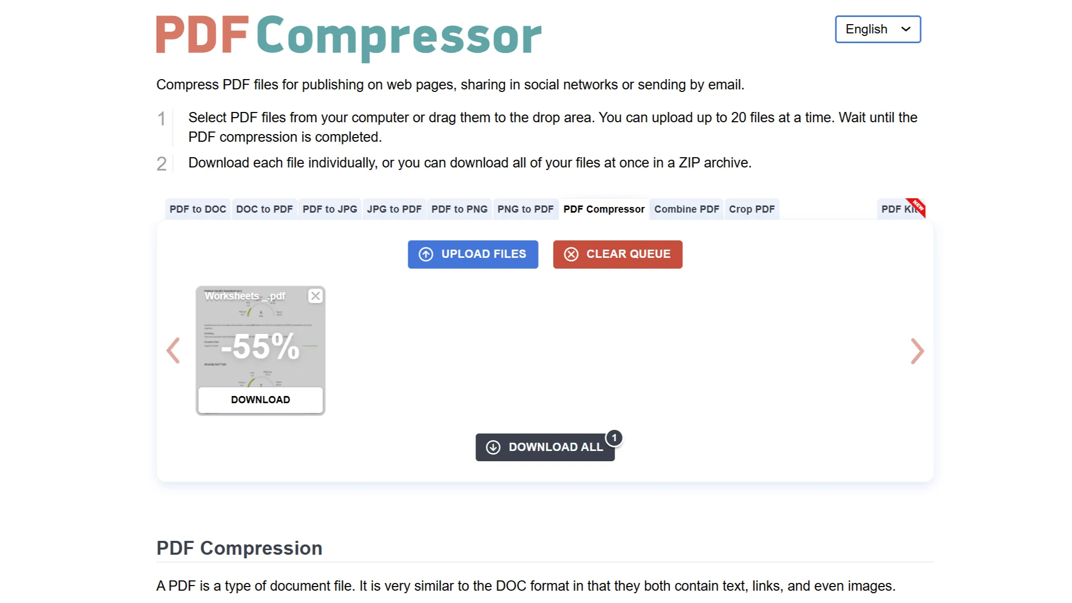 Giao diện PDF Compressor hiển thị phần trăm dung lượng PDF đã được giảm sau khi nén.