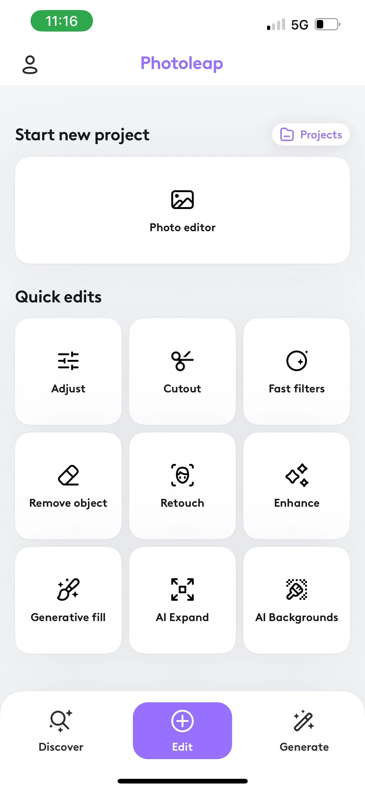 Giao diện phần chỉnh sửa ảnh (Edit) của Photoleap với các công cụ sắp xếp trực quan