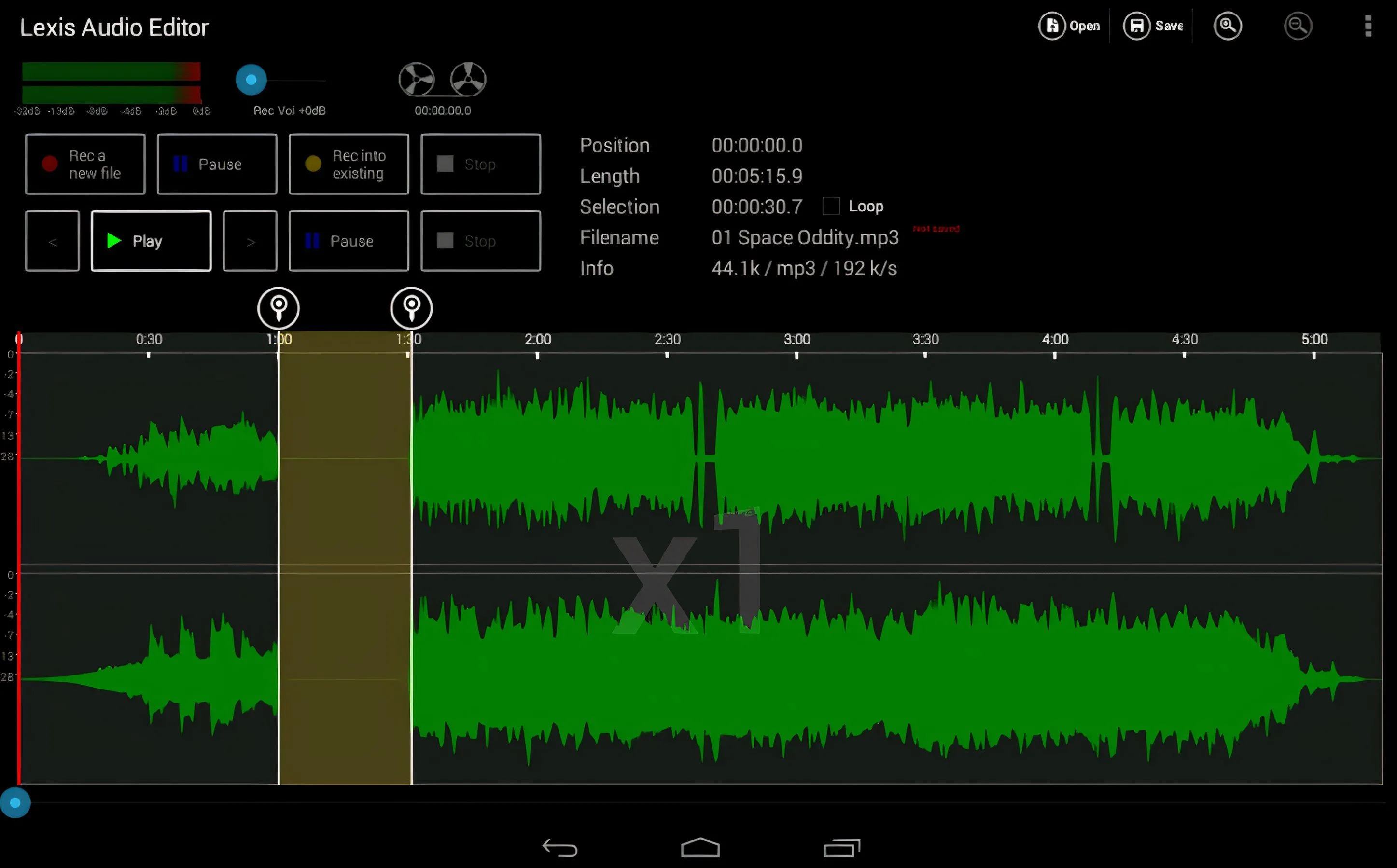 Giao diện phần mềm Lexis Audio Editor trên Android, minh họa vị trí menu hiệu ứng để thêm fade.