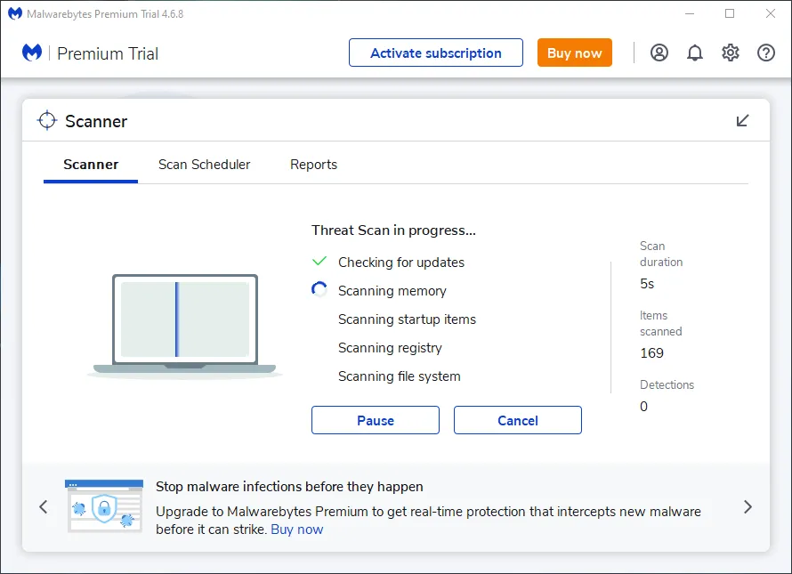 Giao diện phần mềm Malwarebytes, hiển thị các tính năng quét và bảo vệ máy tính khỏi các mối đe dọa trực tuyến và lừa đảo phishing.