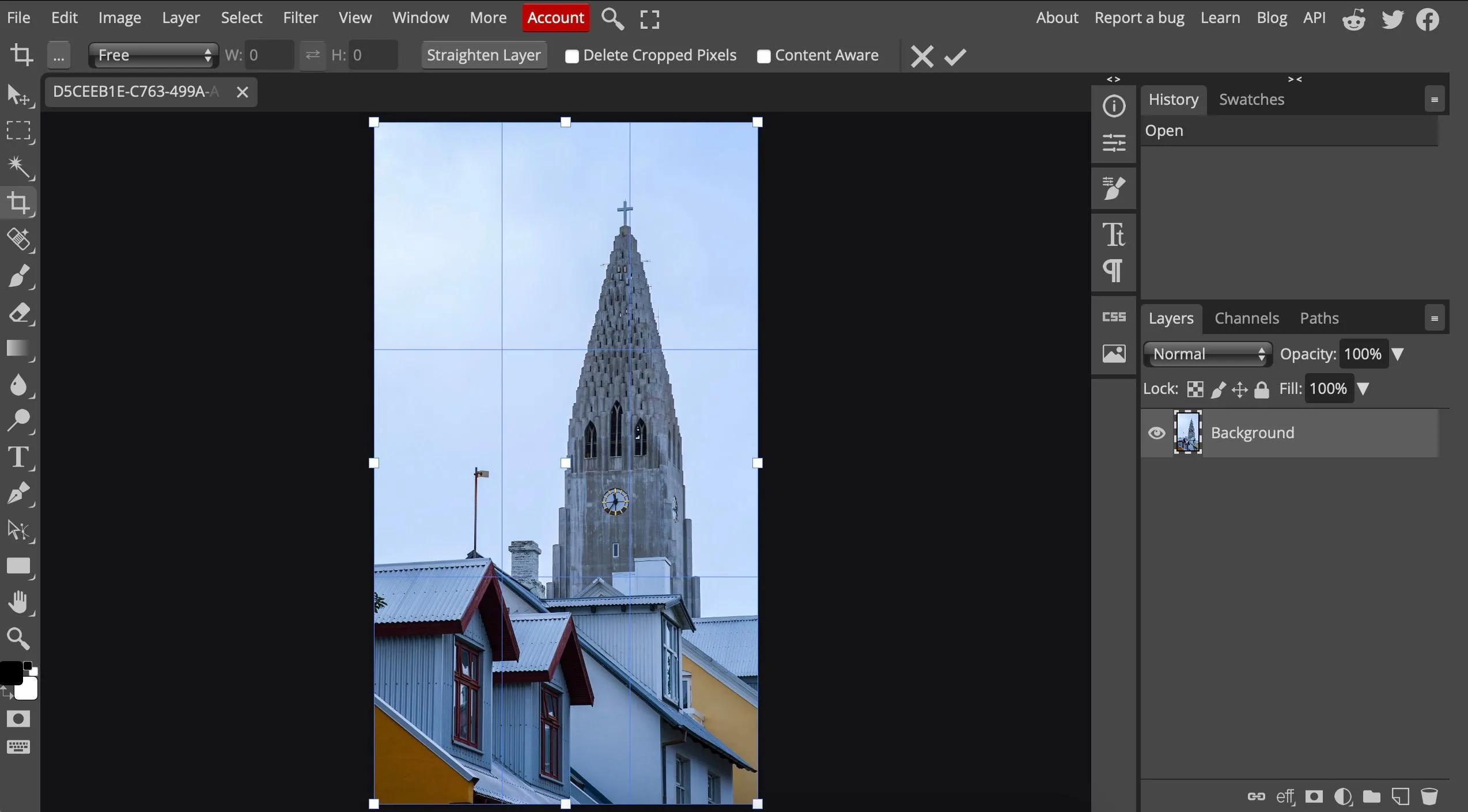 Giao diện Photopea đang chỉnh sửa ảnh, tương tự Photoshop trên trình duyệt