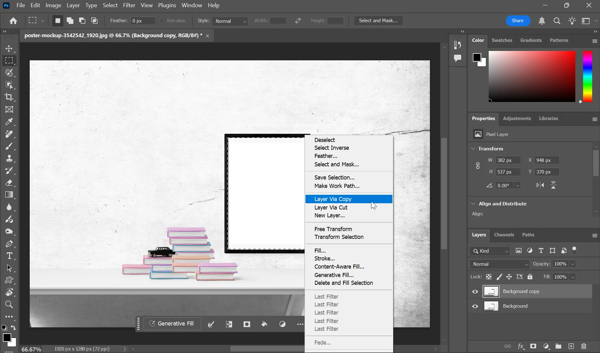 Giao diện Photoshop với ảnh nền và vùng chọn hình chữ nhật để tạo lớp khung cho hiệu ứng pop-out