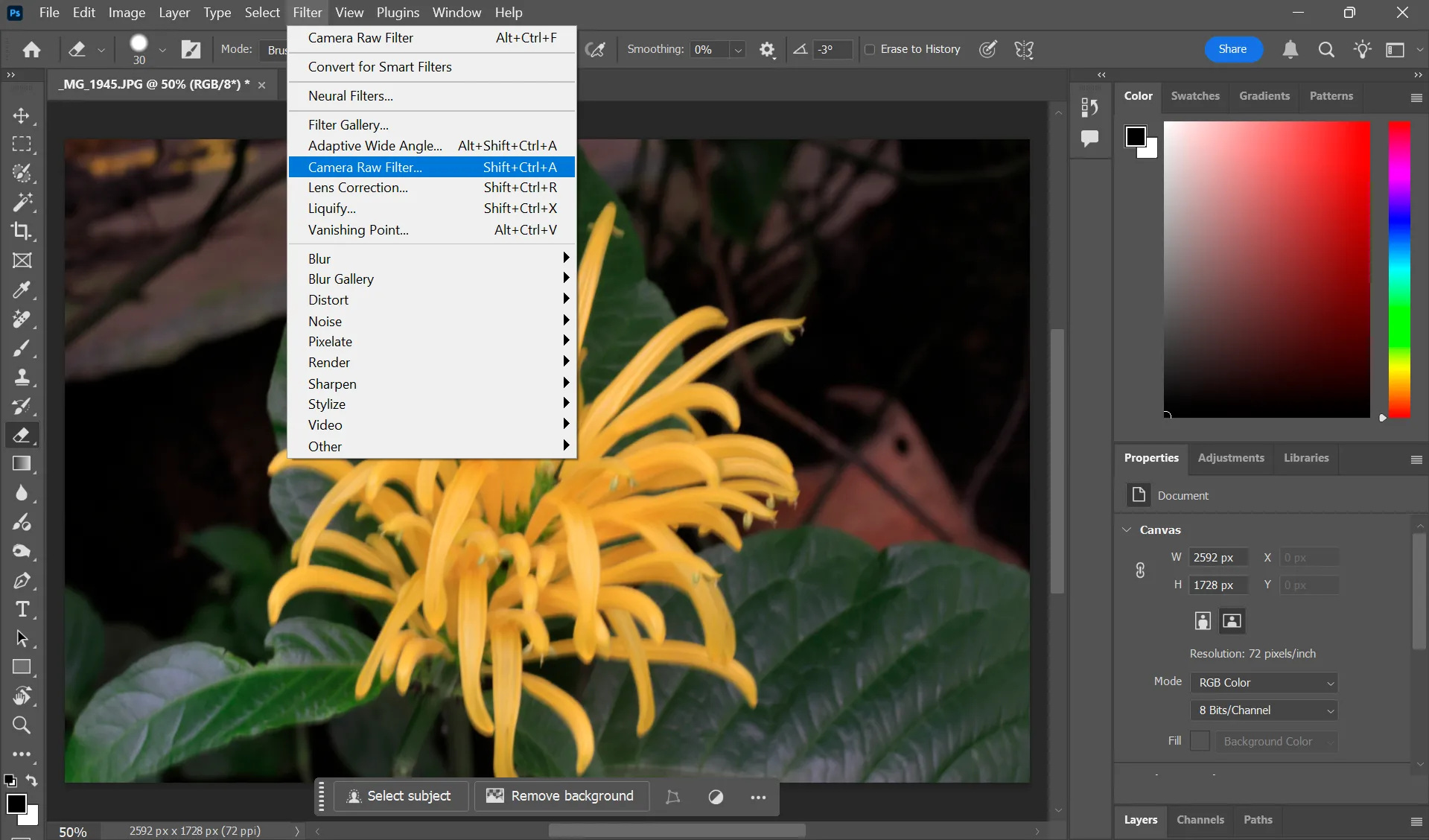 Giao diện Photoshop với Camera Raw Filter được mở