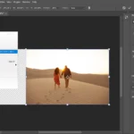 Giao diện Photoshop với công cụ Content-Aware Scale và khung lựa chọn bao quanh đối tượng.