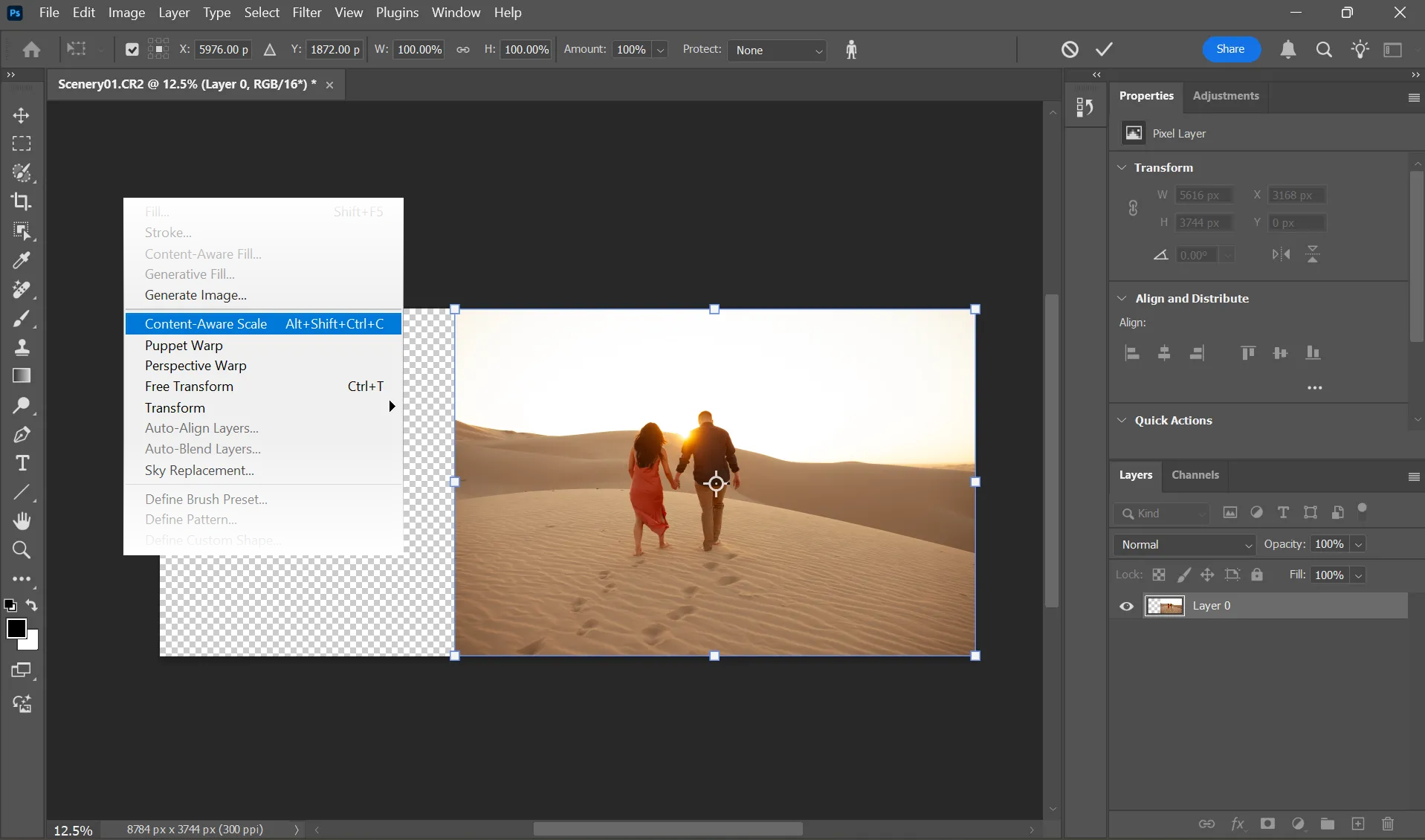 Giao diện Photoshop với công cụ Content-Aware Scale và khung lựa chọn bao quanh đối tượng.