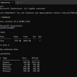 Giao diện PowerShell Terminal hiển thị danh sách các phân vùng ổ đĩa sau lệnh DiskPart