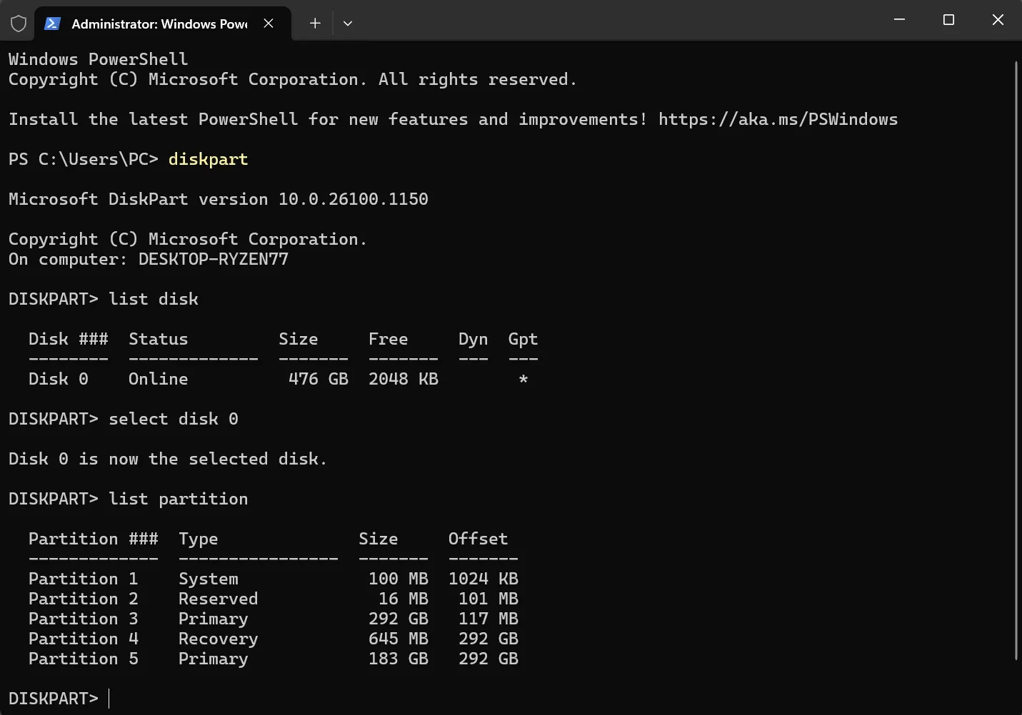 Giao diện PowerShell Terminal hiển thị danh sách các phân vùng ổ đĩa sau lệnh DiskPart