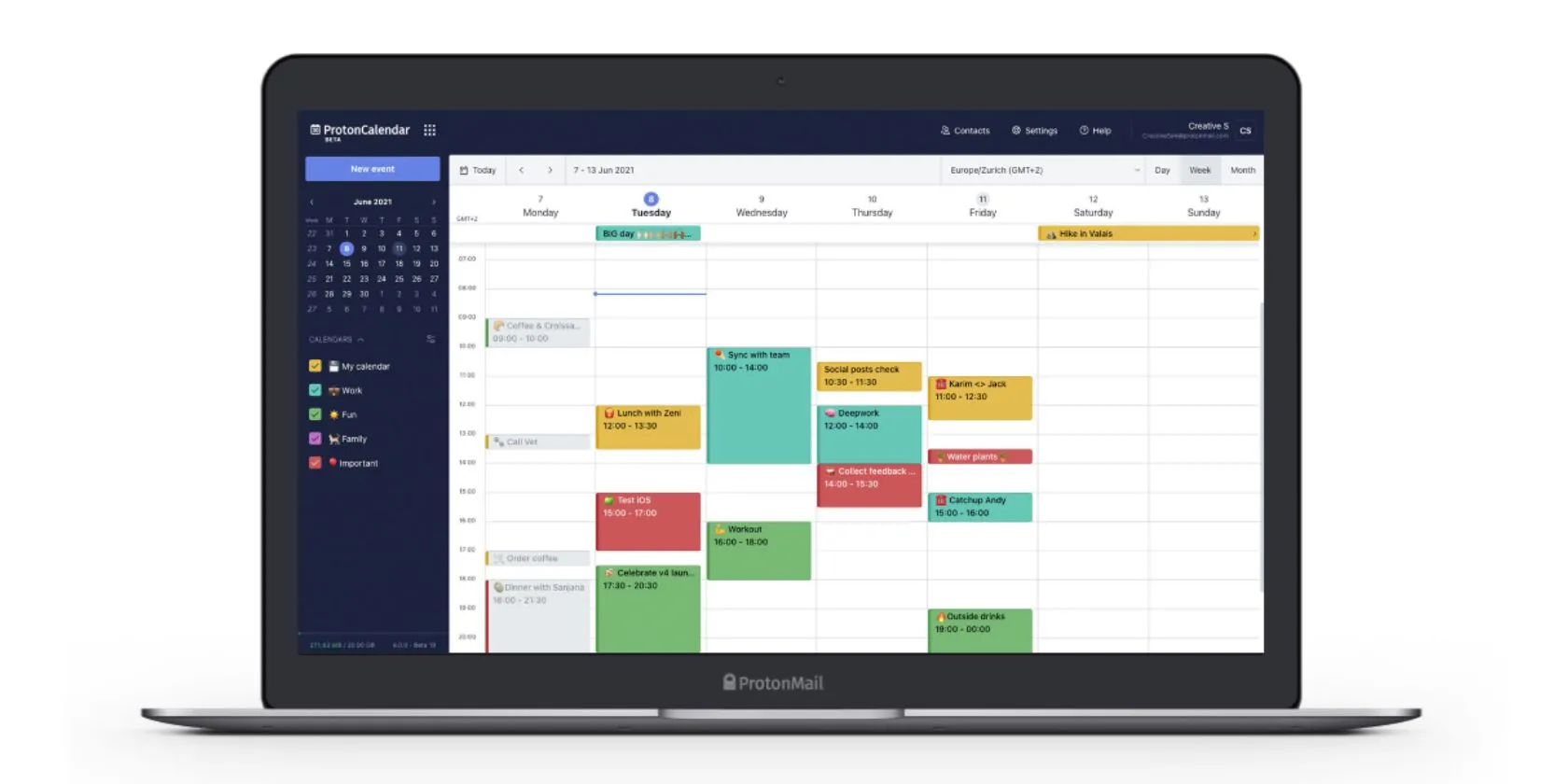 Giao diện Proton Calendar với các khối thời gian được sắp xếp khoa học trên màn hình máy tính