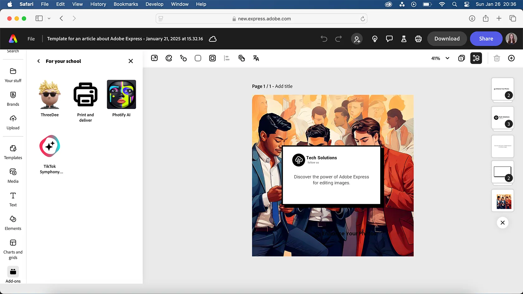 Giao diện quản lý Add-ons của Adobe Express hiển thị các tiện ích có sẵn cho gói giáo dục, bị giới hạn hơn so với gói thông thường