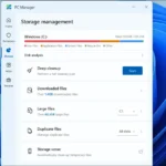 Giao diện quản lý bộ nhớ của Microsoft PC Manager hiển thị dung lượng đã dùng và các tùy chọn dọn dẹp file, tối ưu ổ đĩa